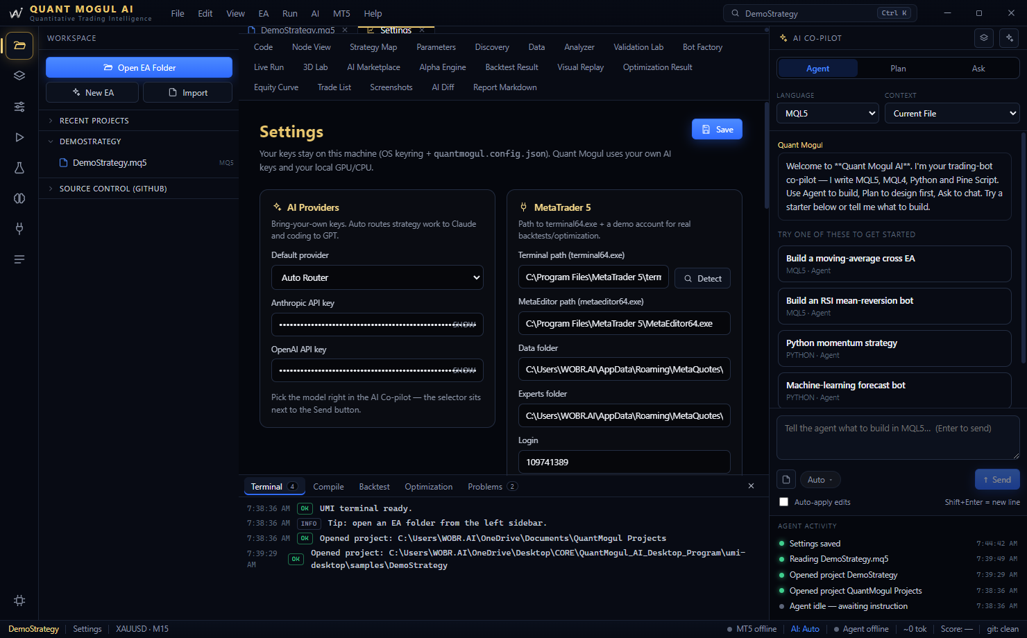 Settings page