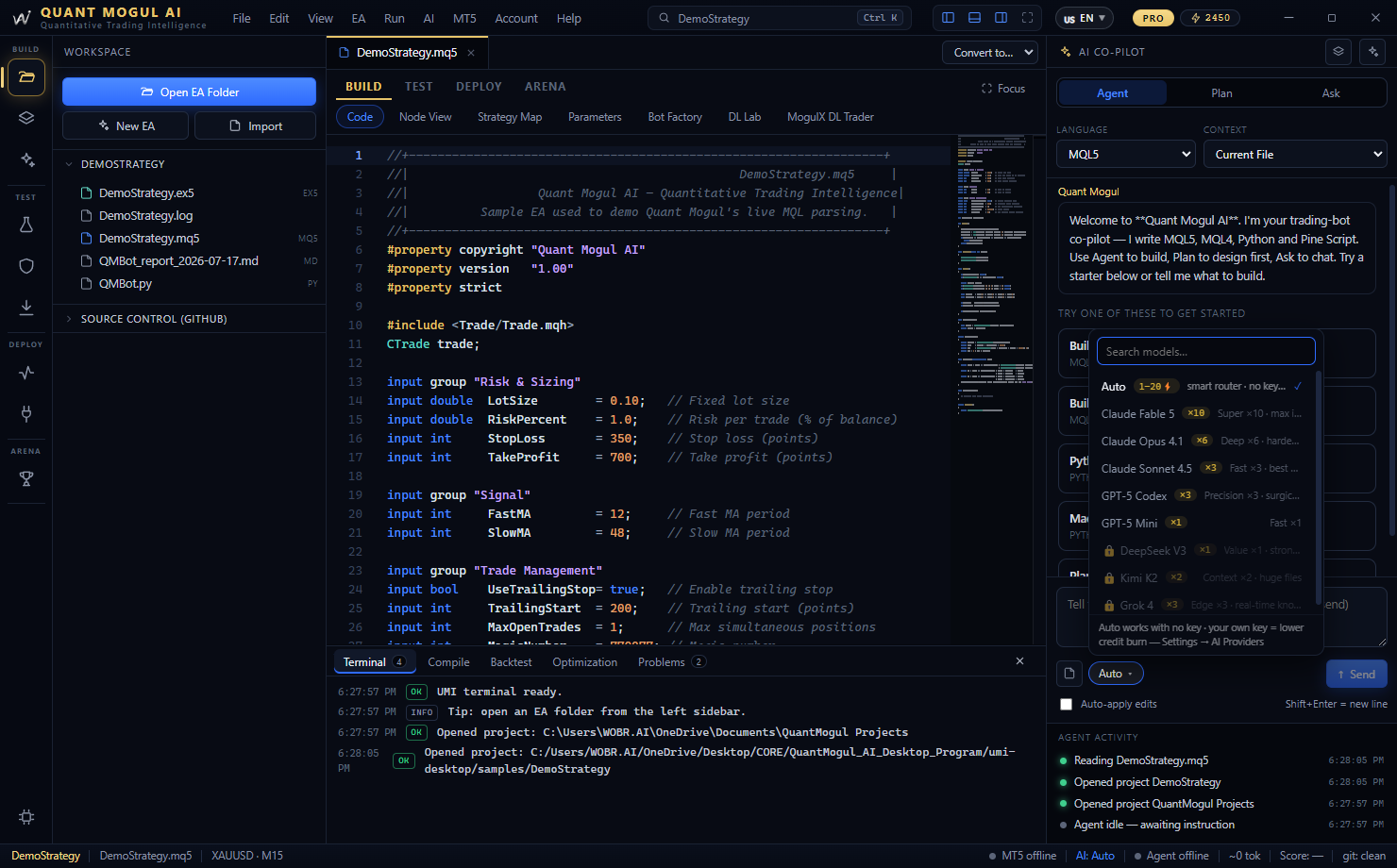 Model picker with Auto, credit multipliers and locked models