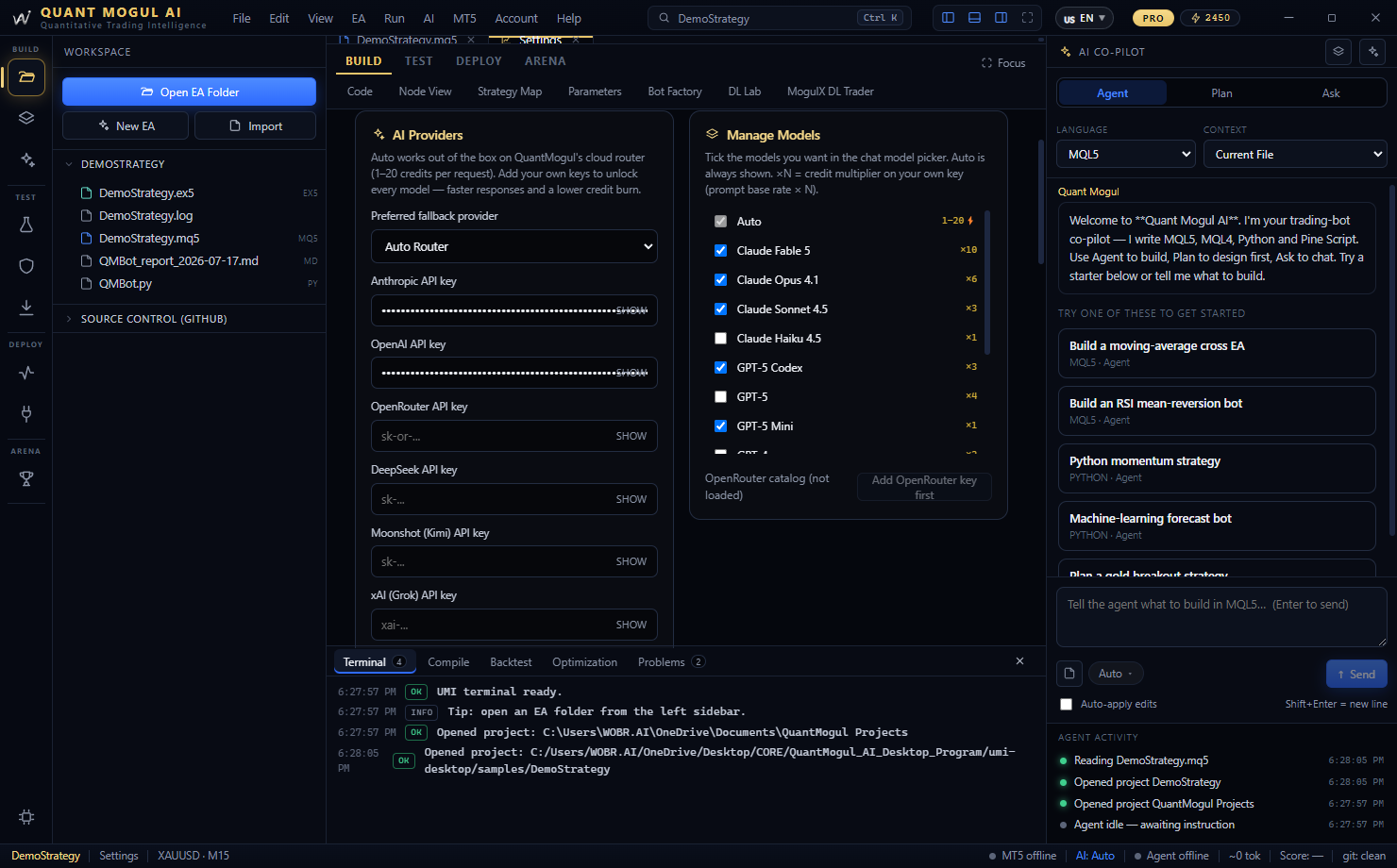 AI provider key fields and Manage Models list